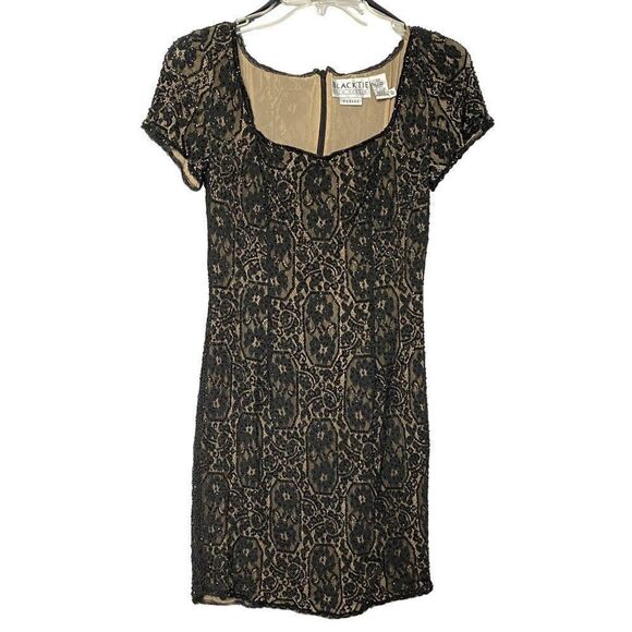 Black Tie Oleg Cassini  Black Beaded Lace Cocktail Dress Sz 4P Tan Underlayer - Picture 1 of 7